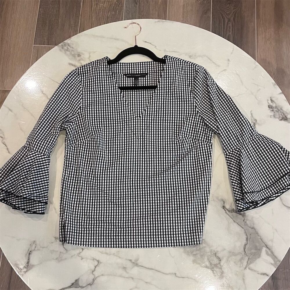 White House Black Market Gingham Check Blouse Bell Sleeve Size 2 Black/White